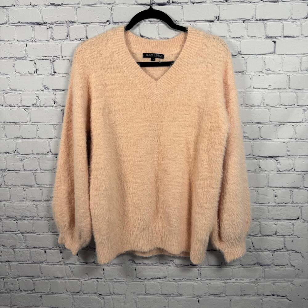 Glitzy Girlz Women's V-Neck Fuzzy Long Sleeve Sweater